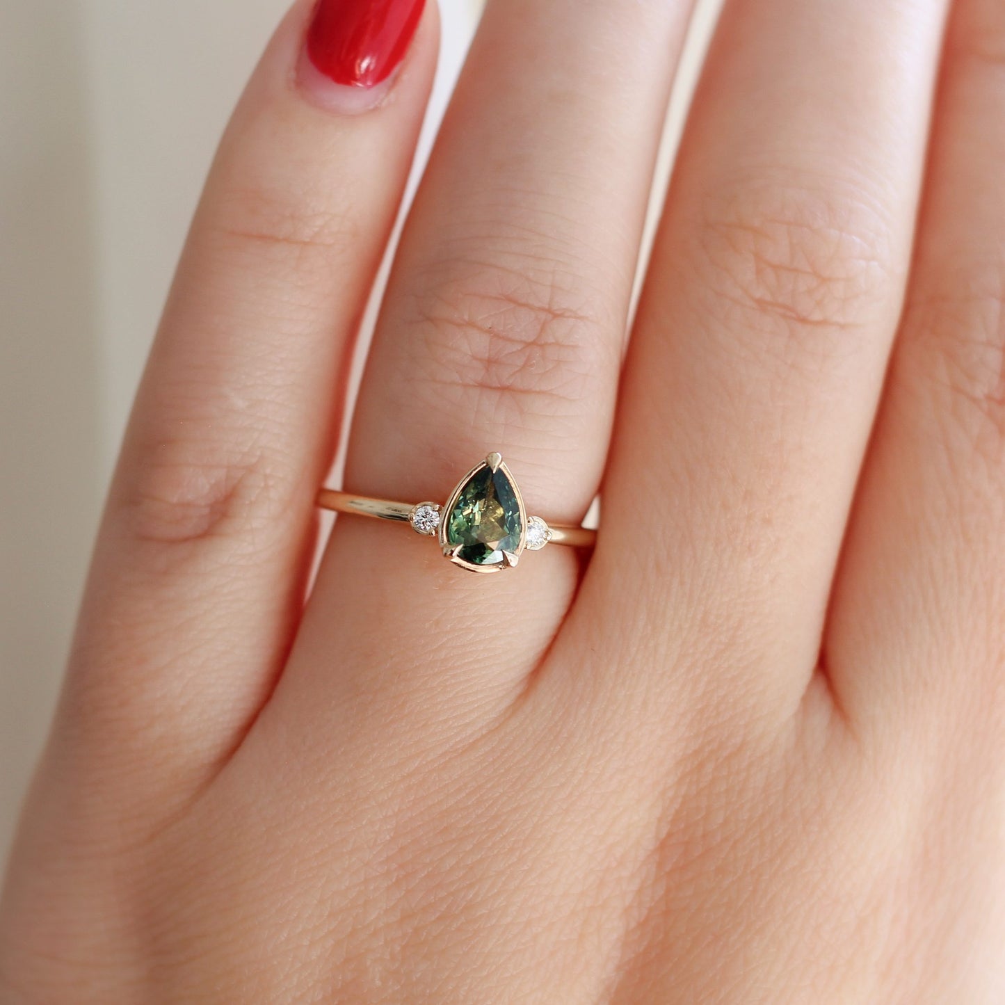 Green Pear Sapphire Engagement Ring