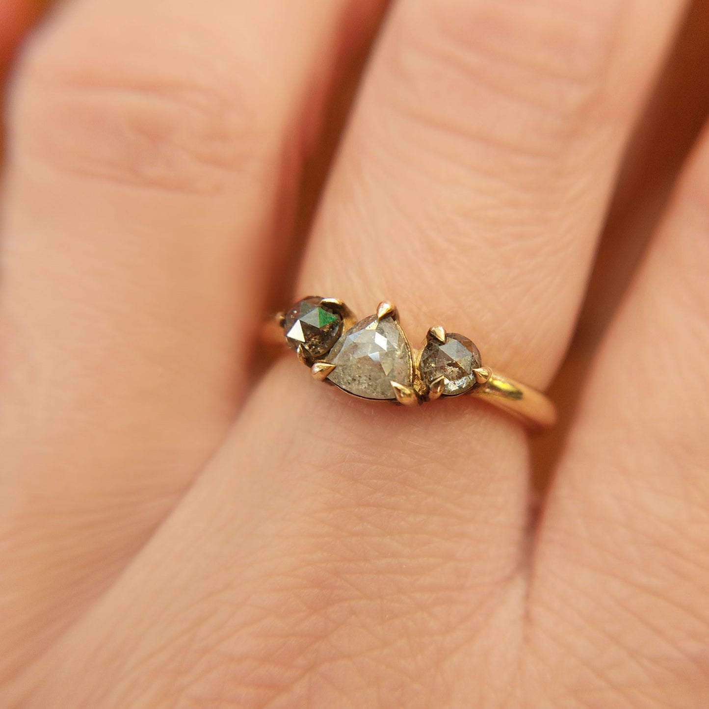 14k Yellow 3-Stone Ring with 0.93cts Total Salt & Pepper Rose-Cut Diamonds