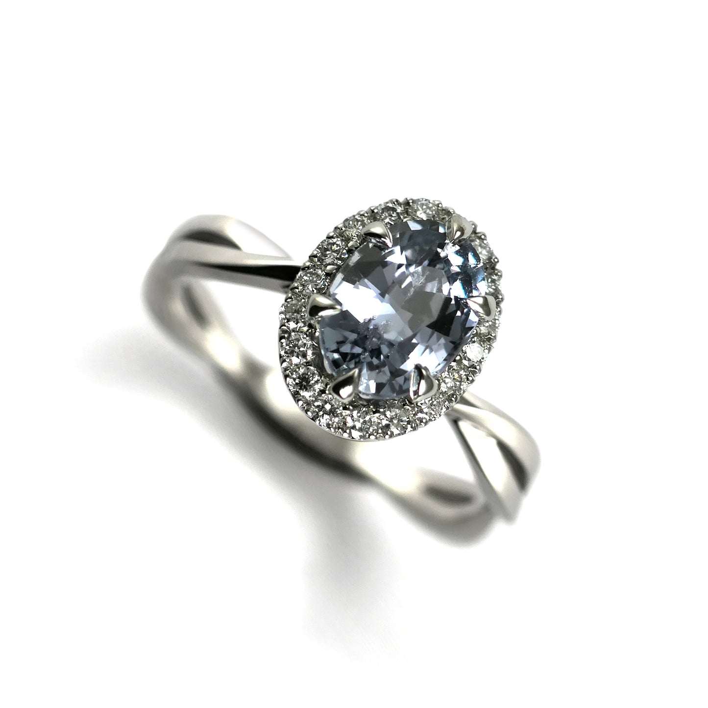 14k White Engagement Ring with 1.21ct Oval Grey-Blue Sapphire and Accent Diamond Halo