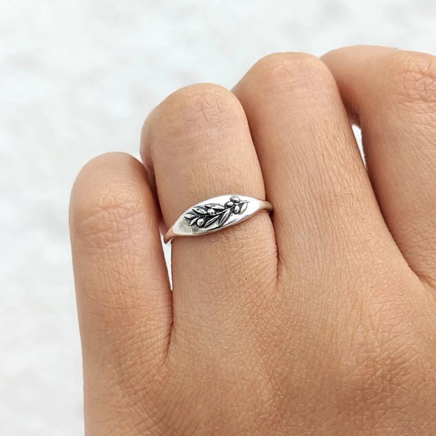 Silver Olive Branch Signet Ring