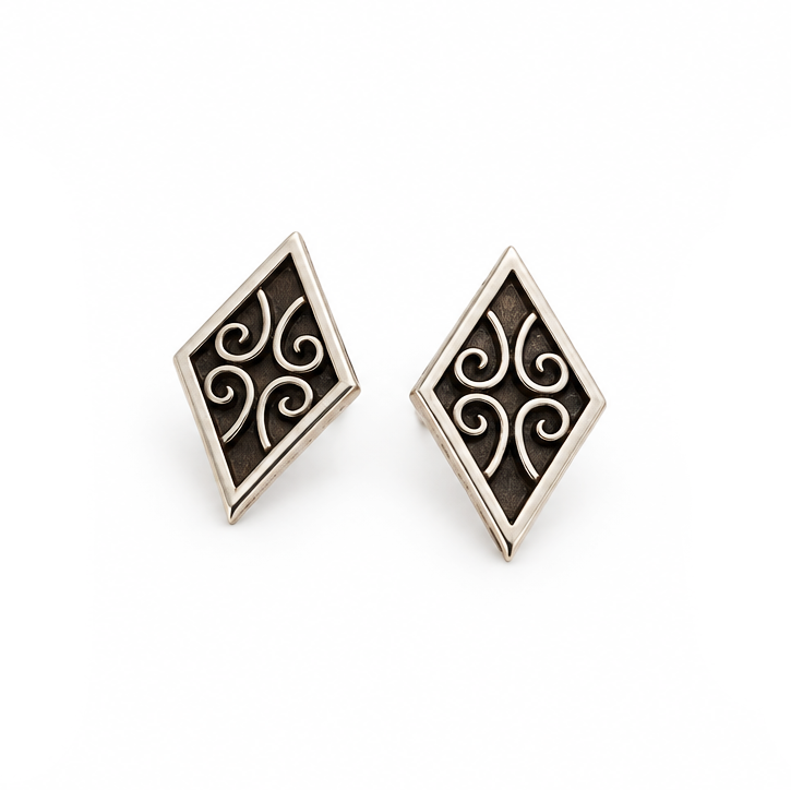 Sterling Silver Ornate Lozenge Stud Earrings