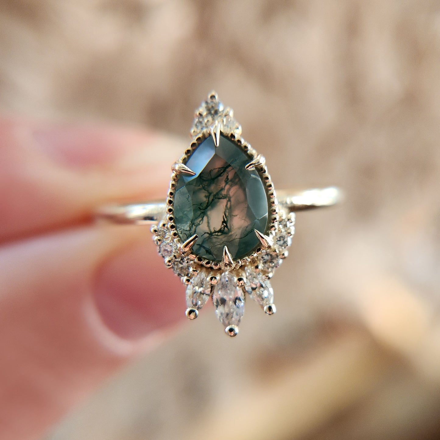 Moss Agate & Diamond Engagement Ring