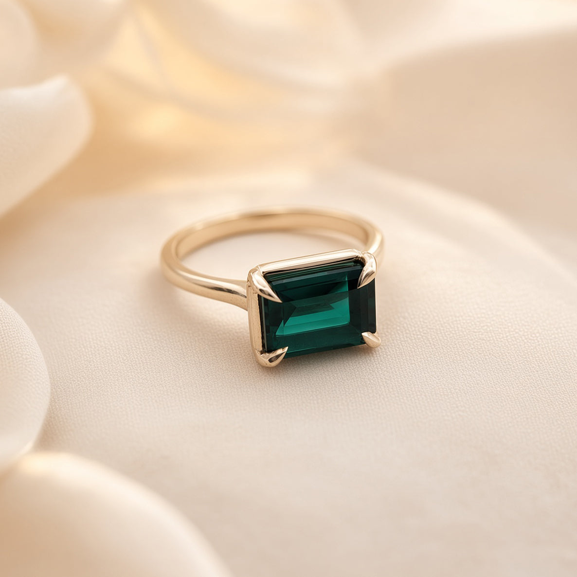 10k Yellow Gold Lab-Grown Emerald Horizontal Solitaire Ring