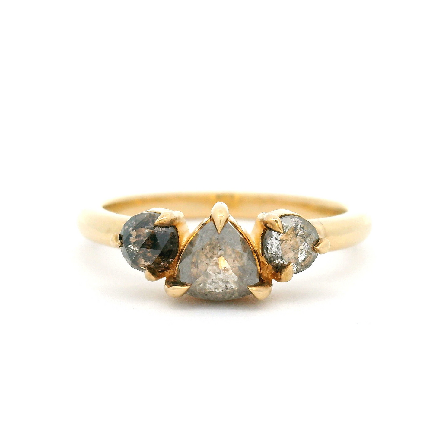 14k Yellow 3-Stone Ring with 0.93cts Total Salt & Pepper Rose-Cut Diamonds