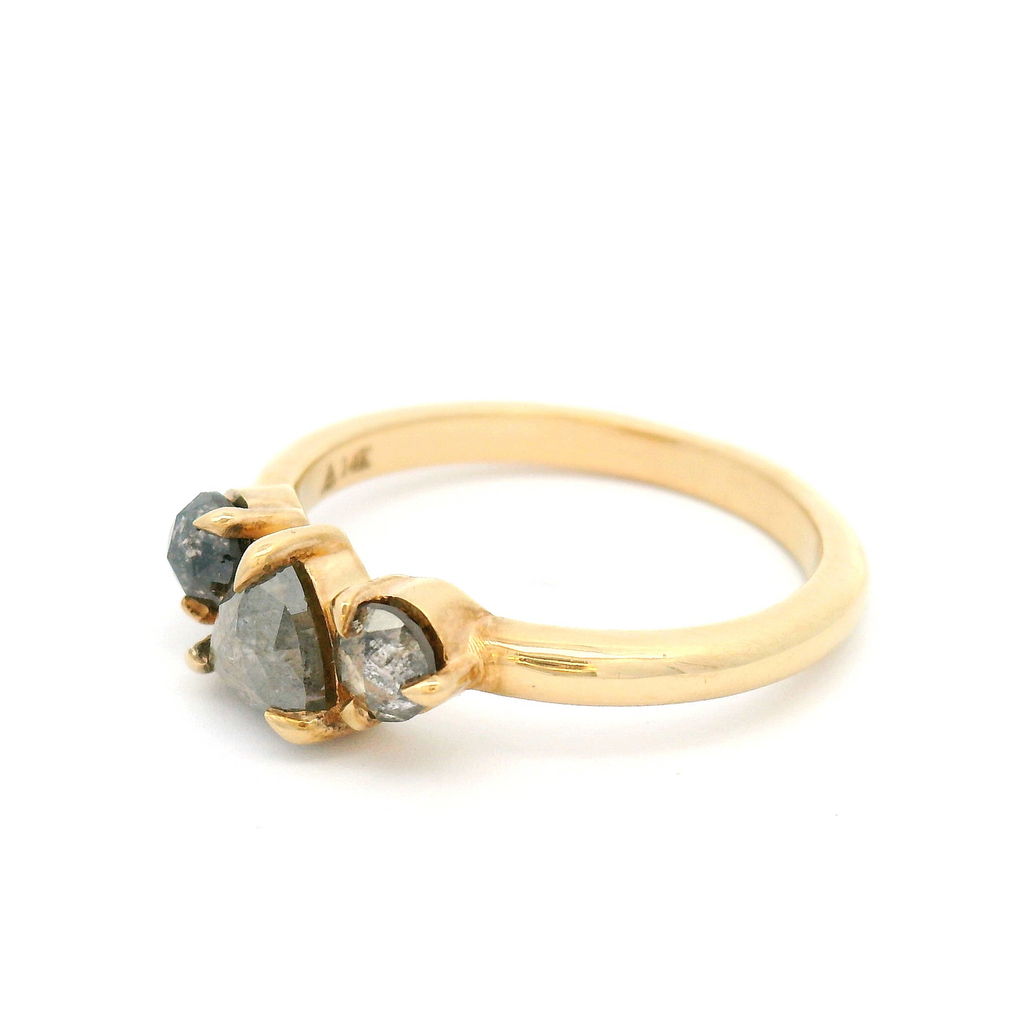 14k Yellow 3-Stone Ring with 0.93cts Total Salt & Pepper Rose-Cut Diamonds