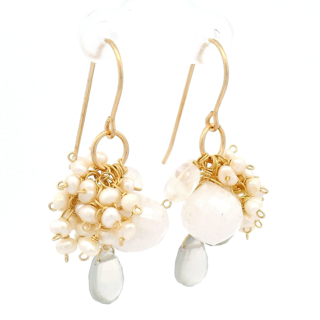 Sillimanite, Pearl, Moonstone Drop Earrings