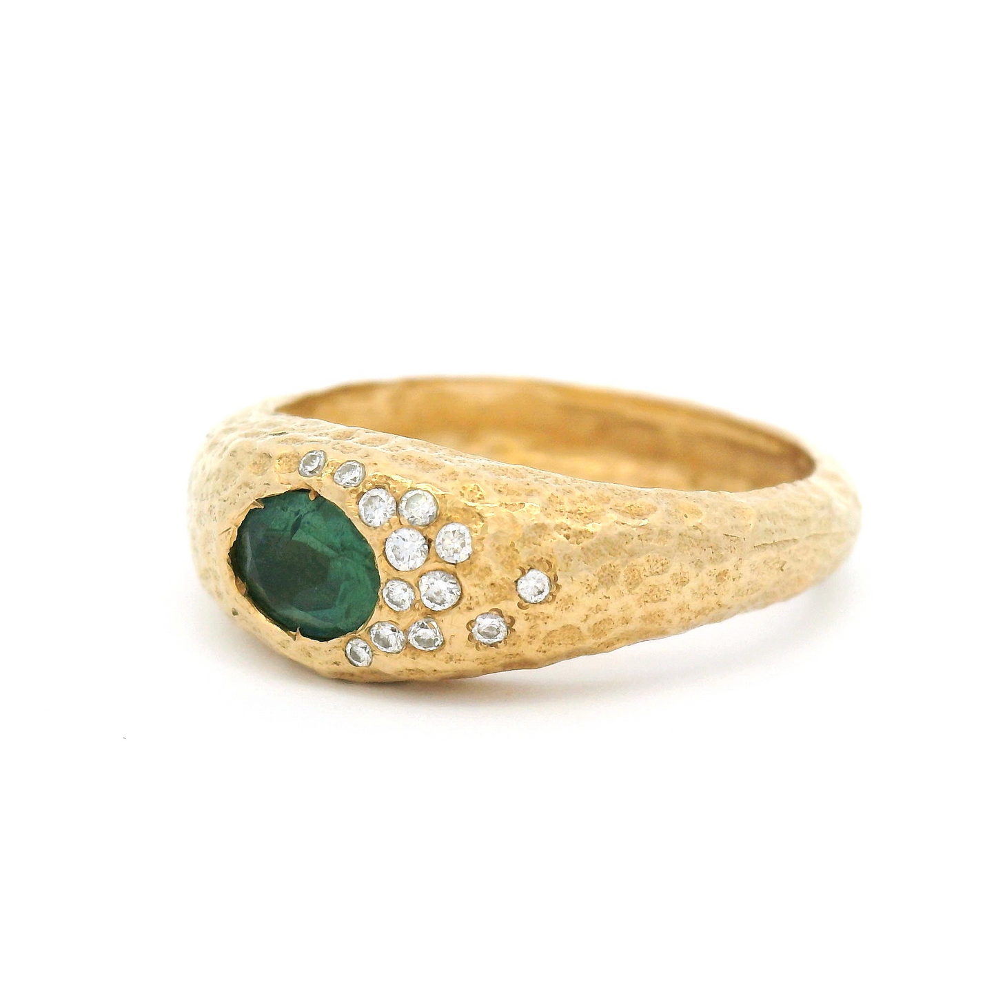 14k Yellow Textured Ring with Green Oval Tourmaline and Diamond Accents