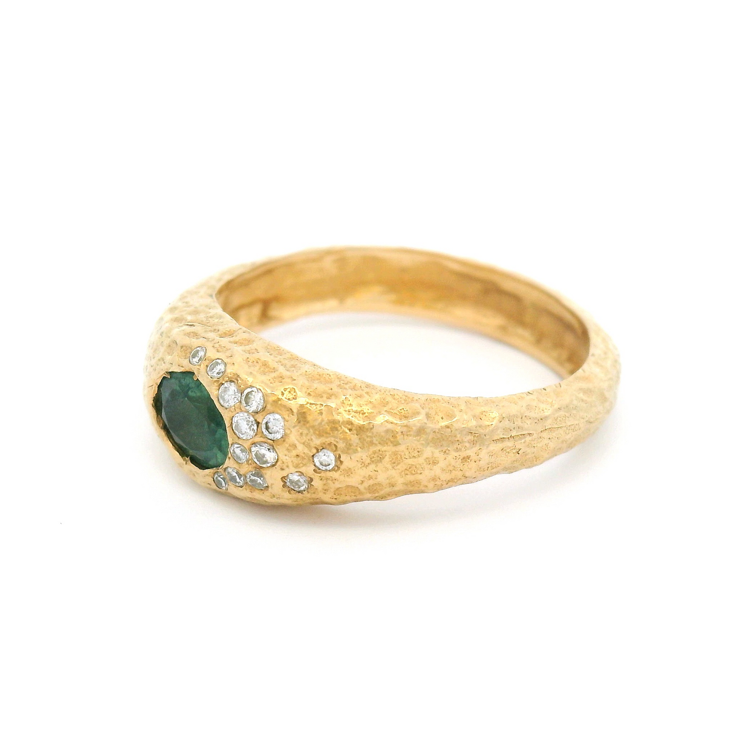 14k Yellow Textured Ring with Green Oval Tourmaline and Diamond Accents