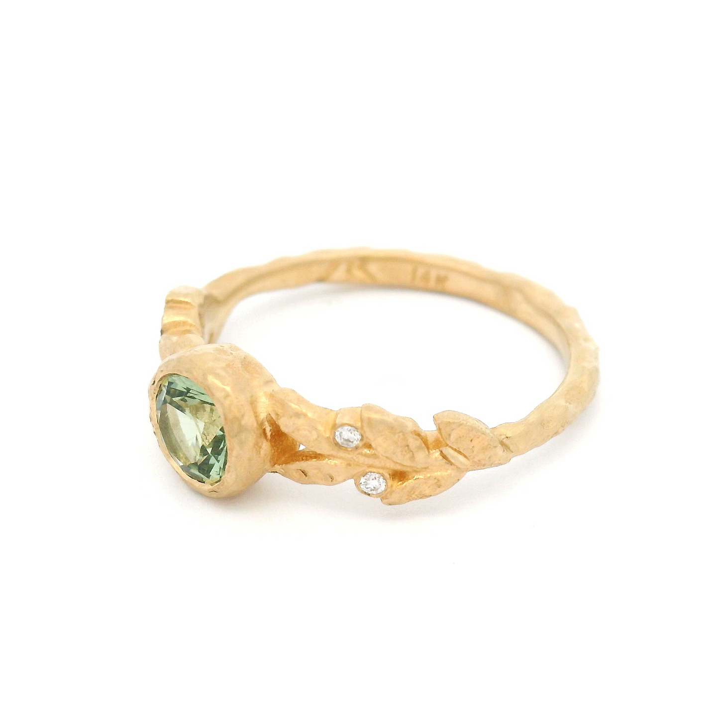 14k Yellow Organic Ring with 0.57ct Teal Green Sapphire and Diamond Accents