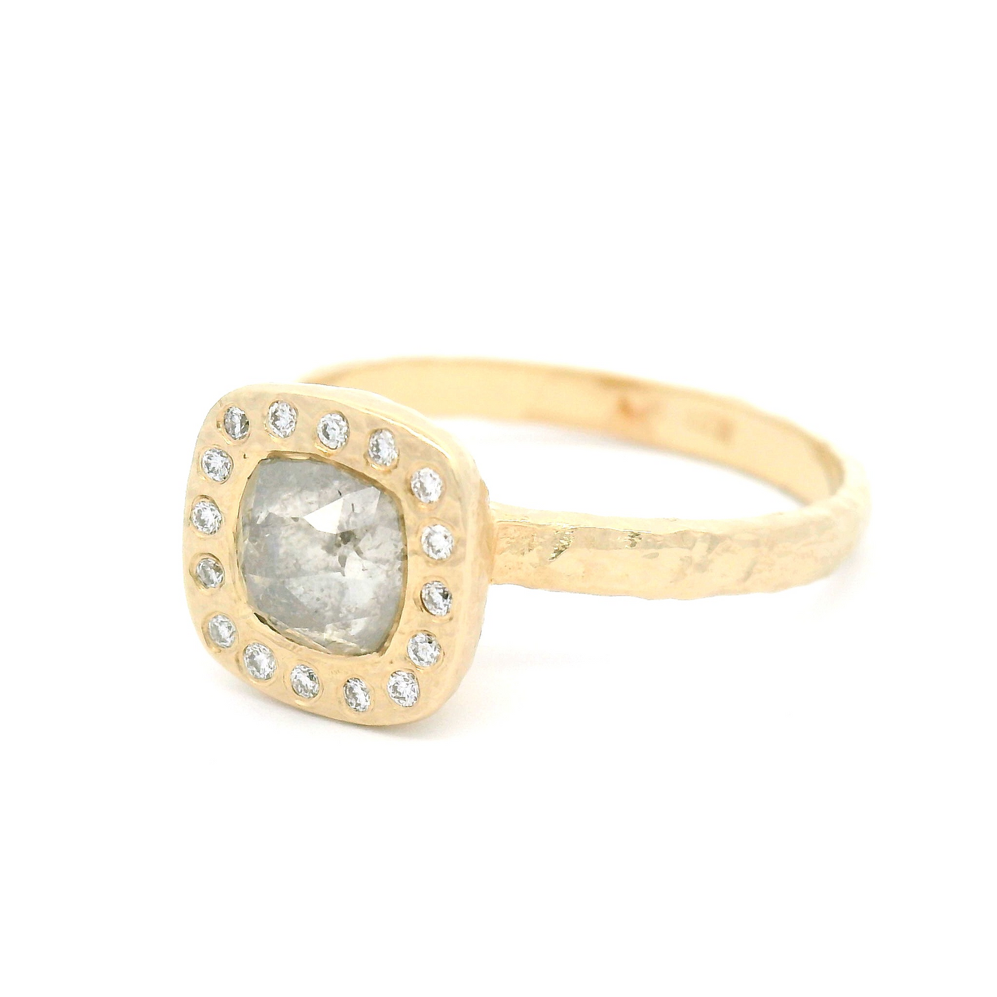14k Yellow Engagement Ring with 0.75ct Rustic Rose-Cut Diamond and Accent Diamond Halo