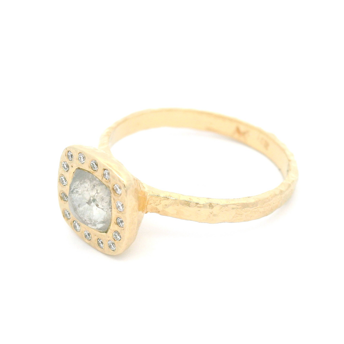 14k Yellow Engagement Ring with 0.75ct Rustic Rose-Cut Diamond and Accent Diamond Halo