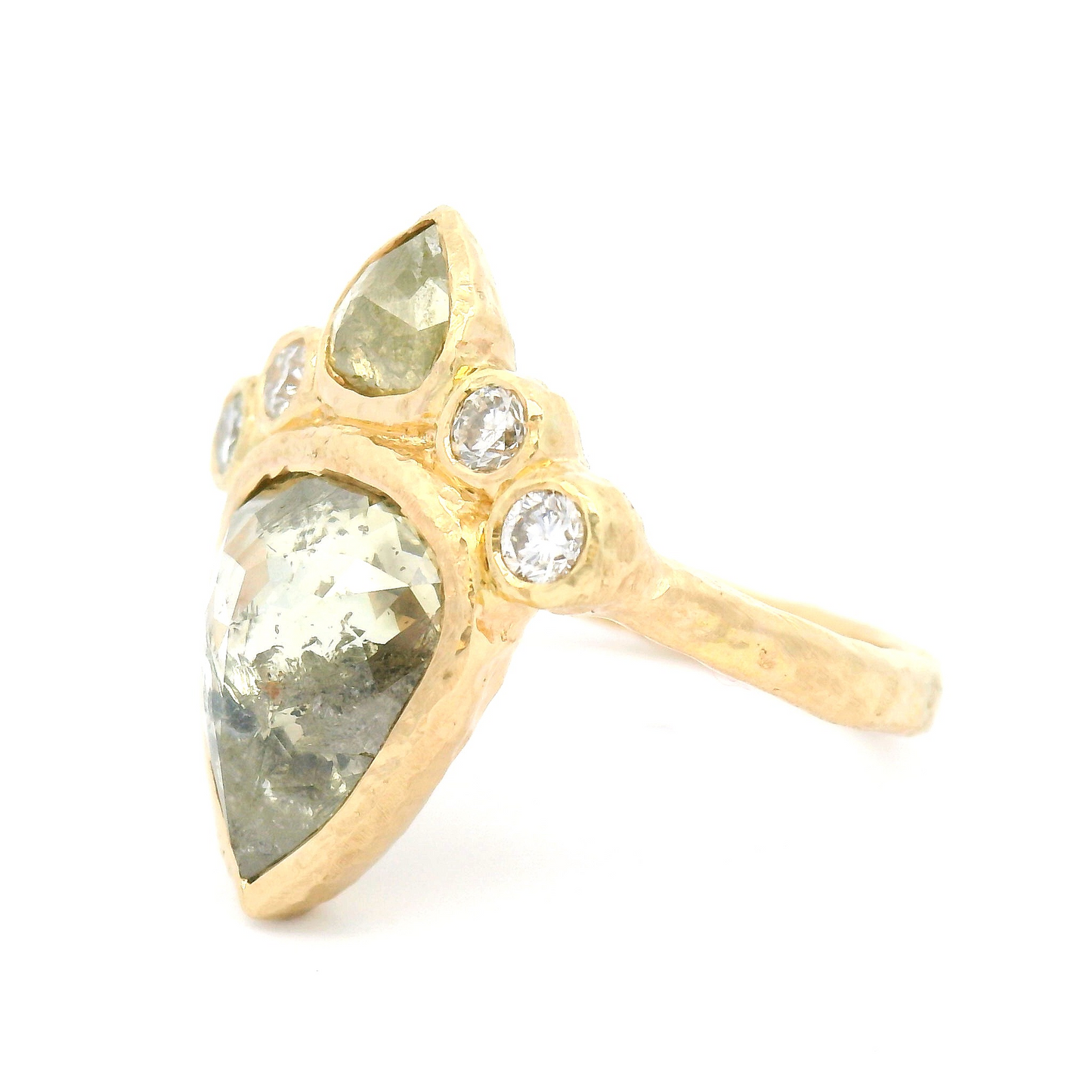 14k Yellow Textured Ring with 3.37ct Green Rose-Cut Diamond with Accent Diamonds