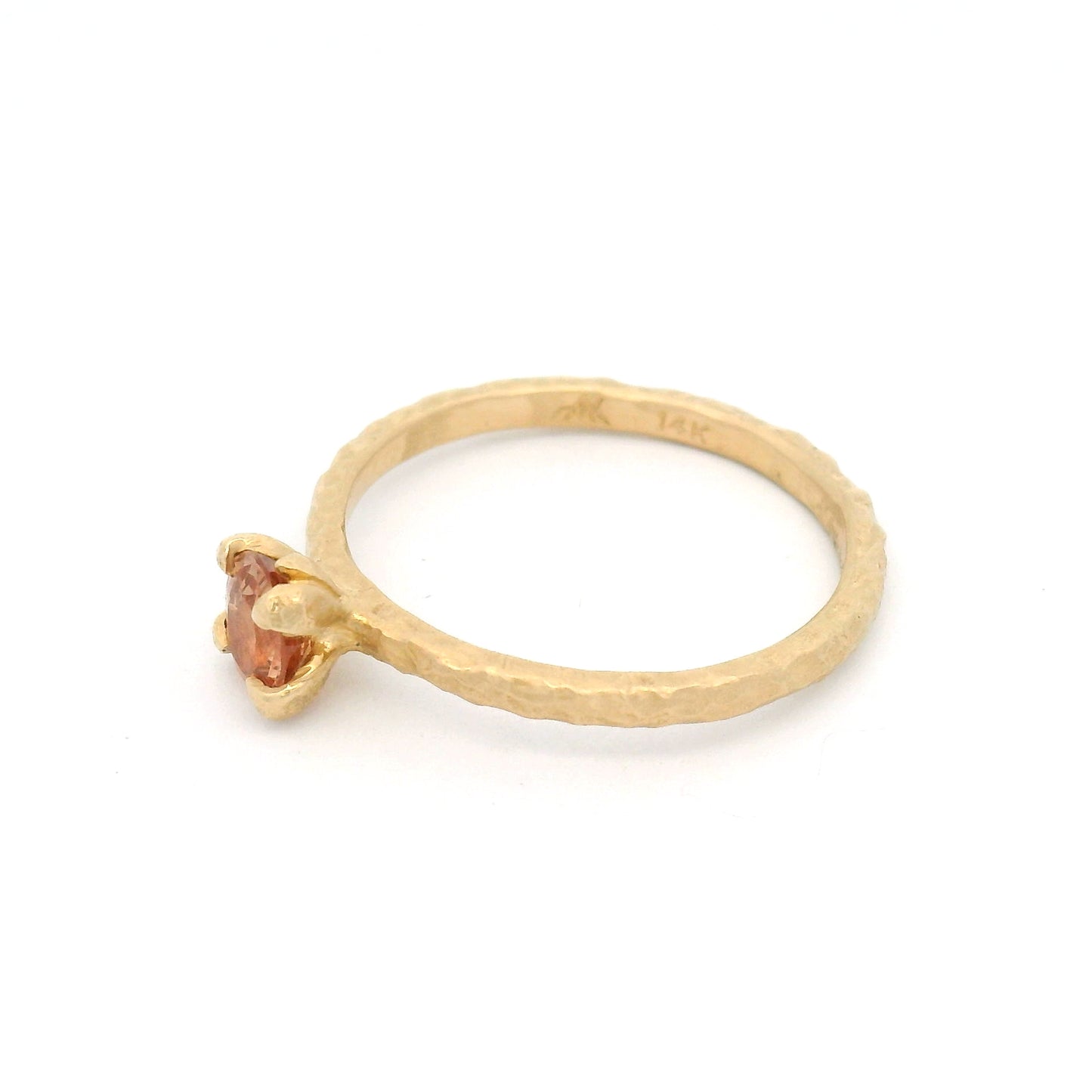 14K yellow gold organic solitaire engagement ring with claw-set natural 0.46ct oval peach sapphire and sculptural organic design.