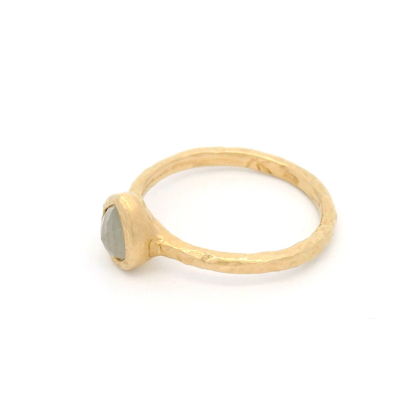 14K yellow gold engagement ring with bezel-set 0.85ct natural rose-cut pear-shaped icy diamond in a handcrafted solitaire setting.