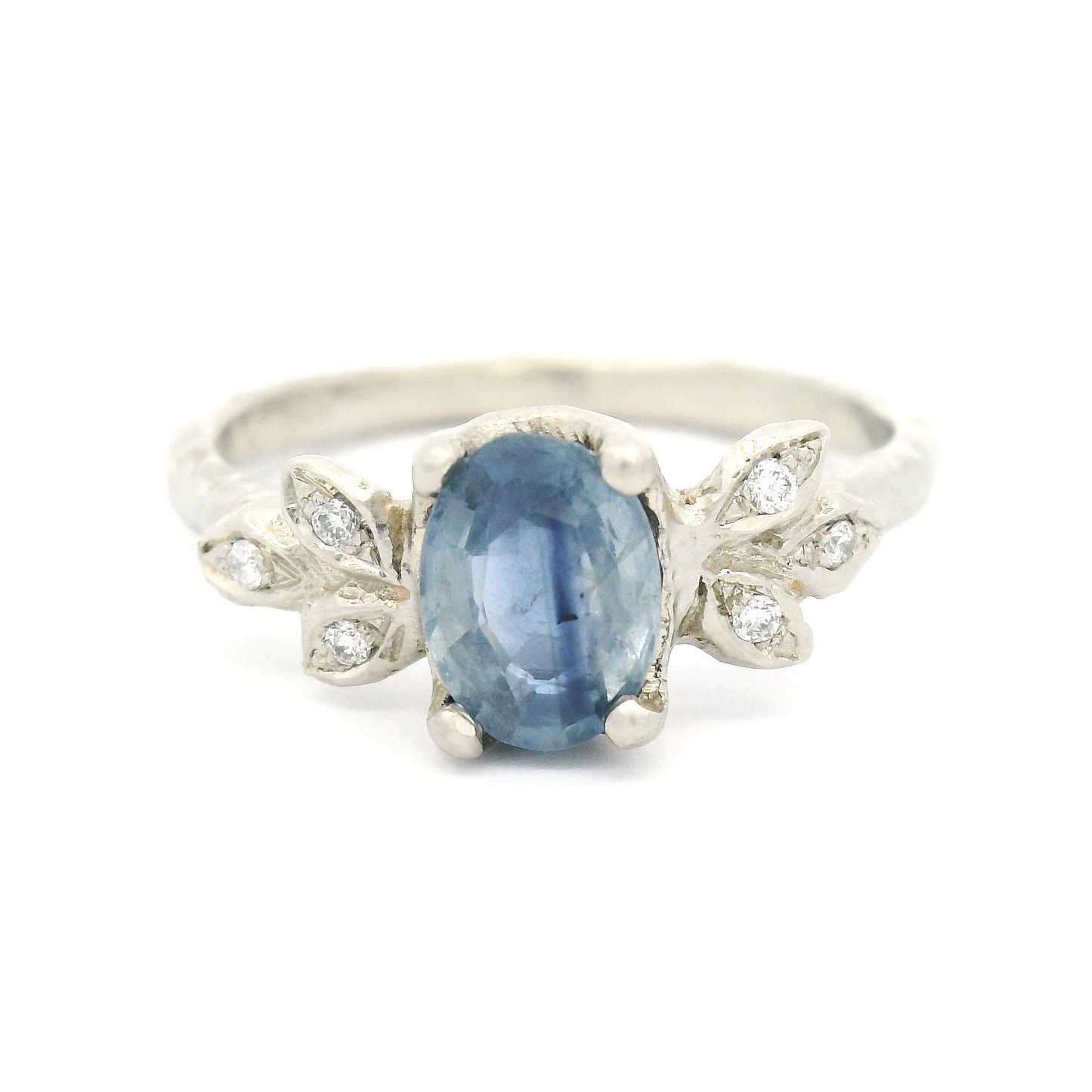 14k White Organic Engagement Ring with 7mm x 5mm Blue Sapphire and Accent Diamonds