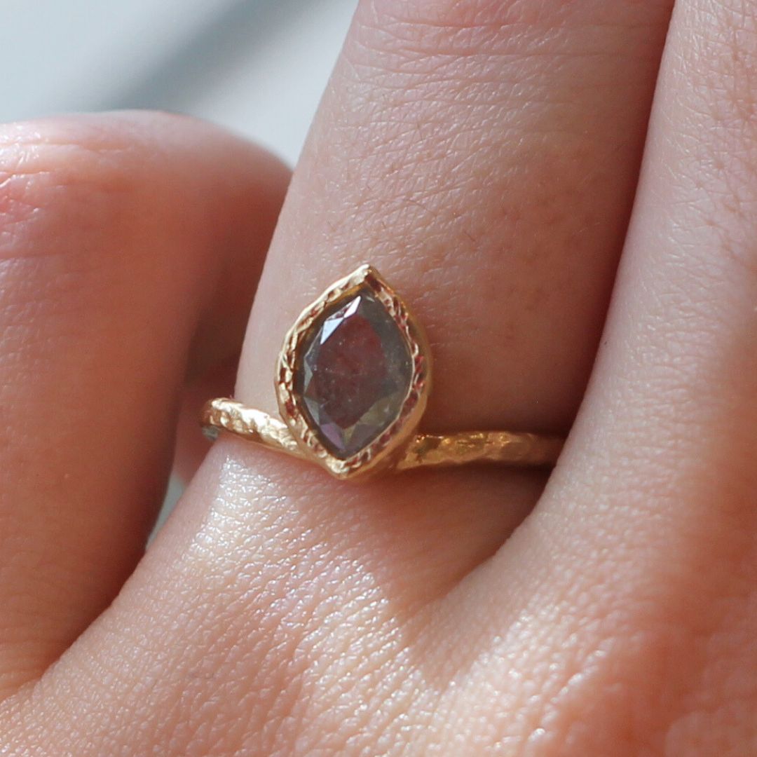 14k Yellow Organic Bezel-Set Solitaire with 1.25ct Marquise Grey Diamond