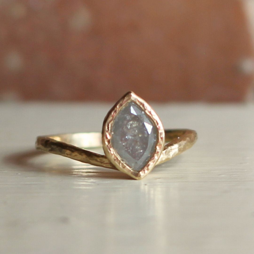 14k Yellow Organic Bezel-Set Solitaire with 1.25ct Marquise Grey Diamond