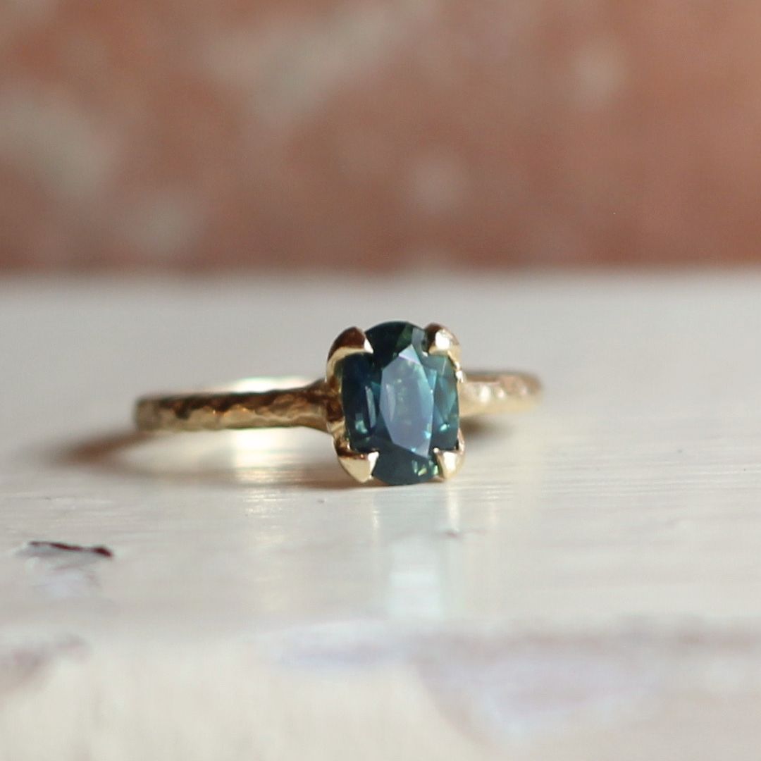 Green Sapphire Solitaire Leaf-y Engagement Ring