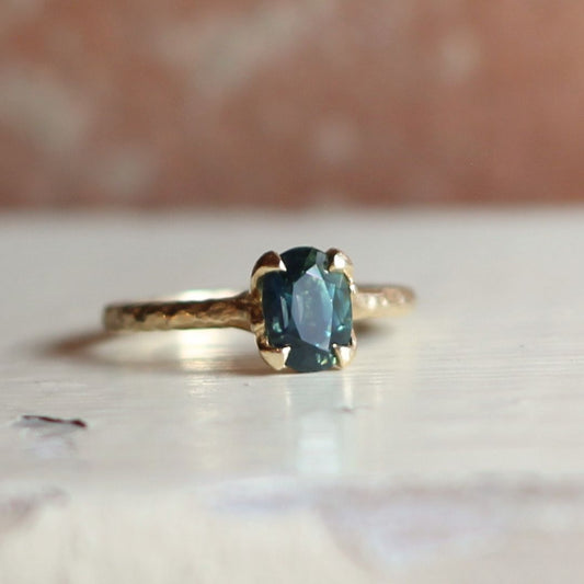 Green Sapphire Solitaire Leaf-y Engagement Ring