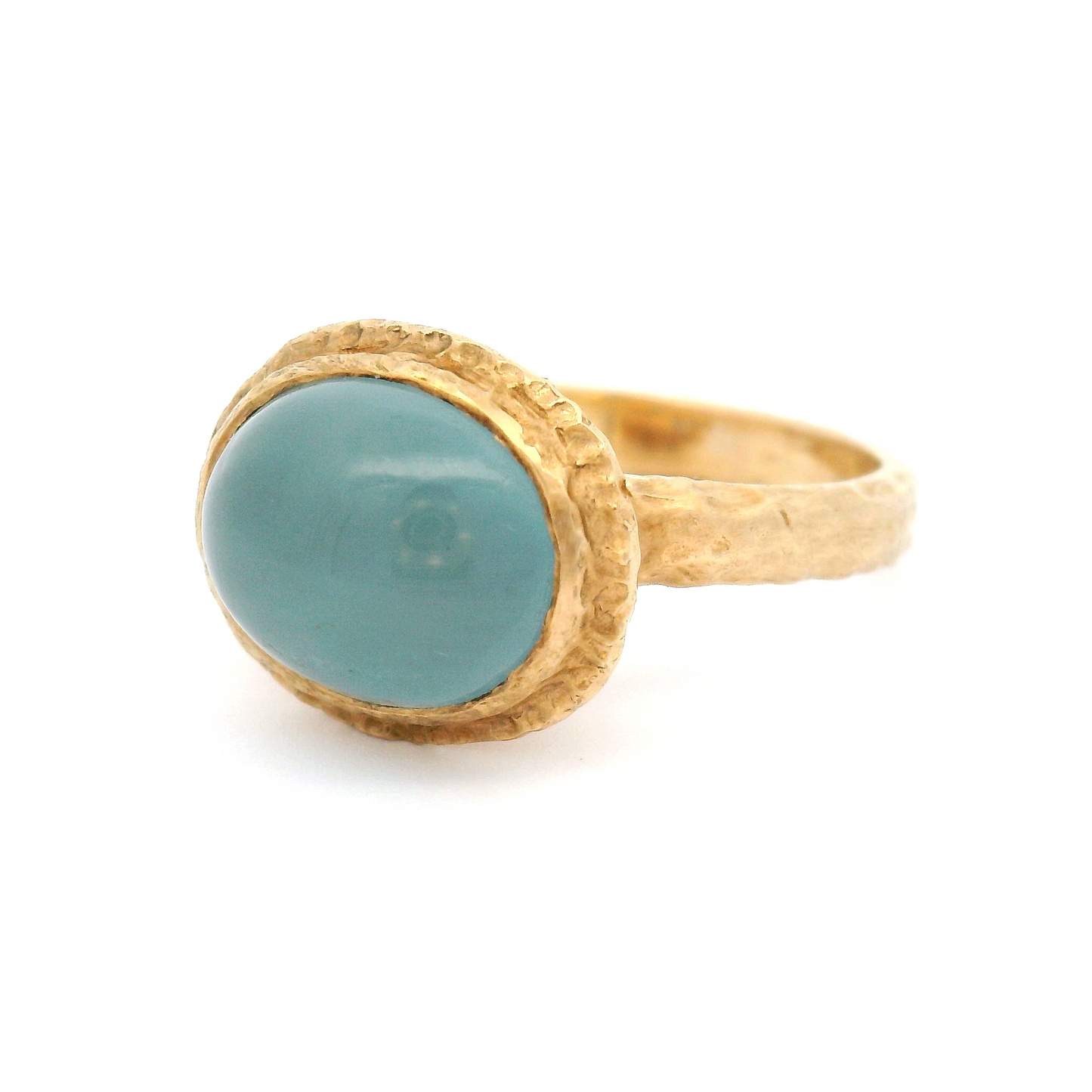 14k Yellow Textured Bezel-Set Solitaire with 4.03ct Cabochon Aquamarine