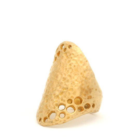 14k yellow organic textured low profile shield ring. Shown from the side.
