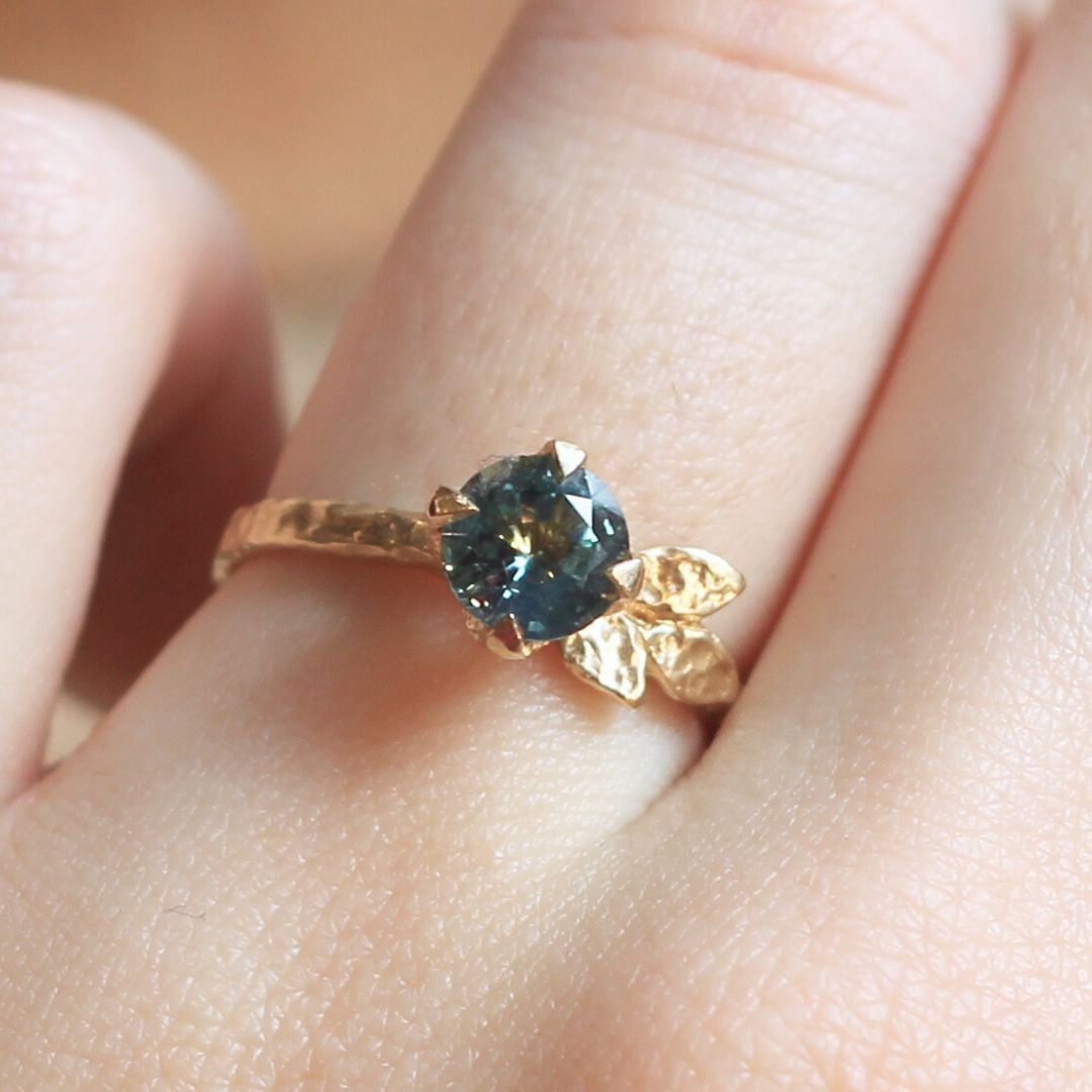 Round Green Sapphire Solitaire Leaf-y Engagement Ring