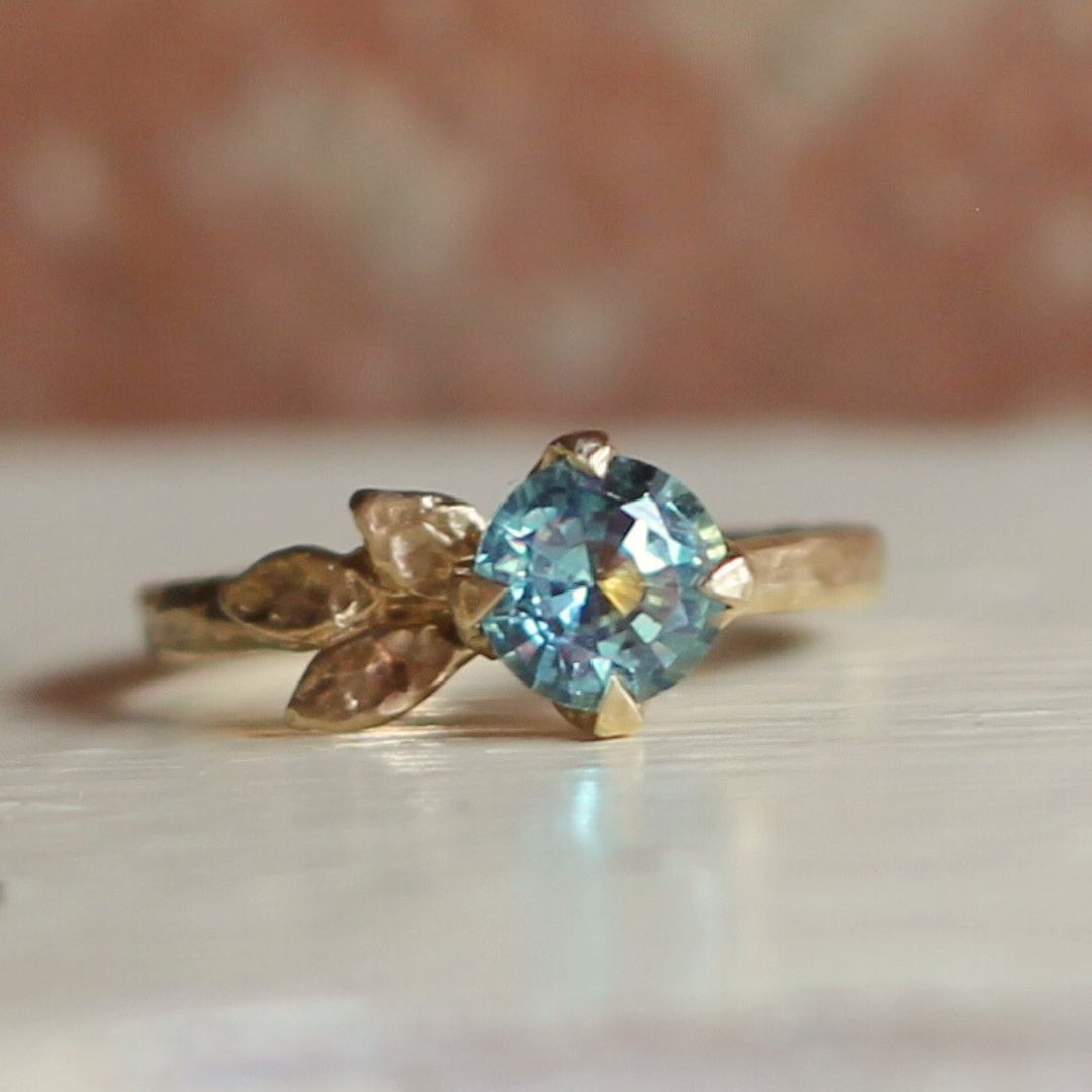 Round Green Sapphire Solitaire Leaf-y Engagement Ring