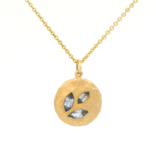 10k yellow pendant textured organic pendant set with 0.11cts total weight of marquise sapphires on a 10k yellow chain.