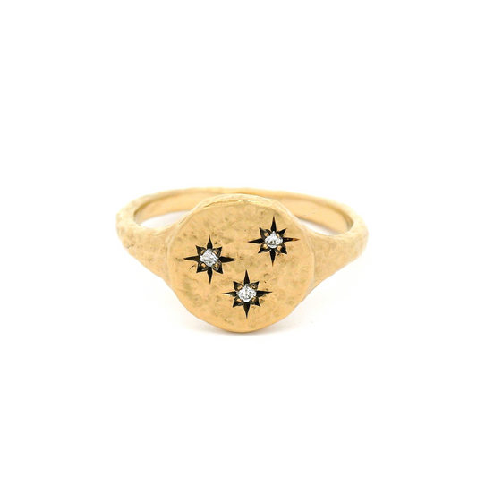 14k Yellow Hammered Signet Ring with 3 Diamonds