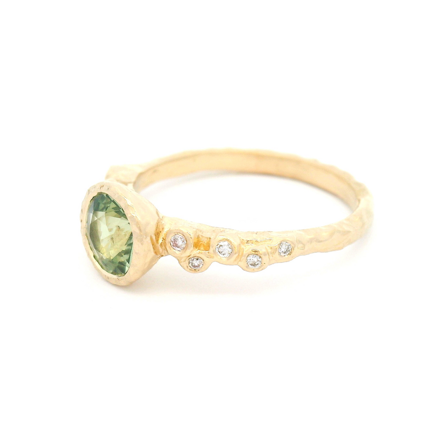 14k Yellow Organic Ring with 1.1ct Green Sapphire and Diamond Accents