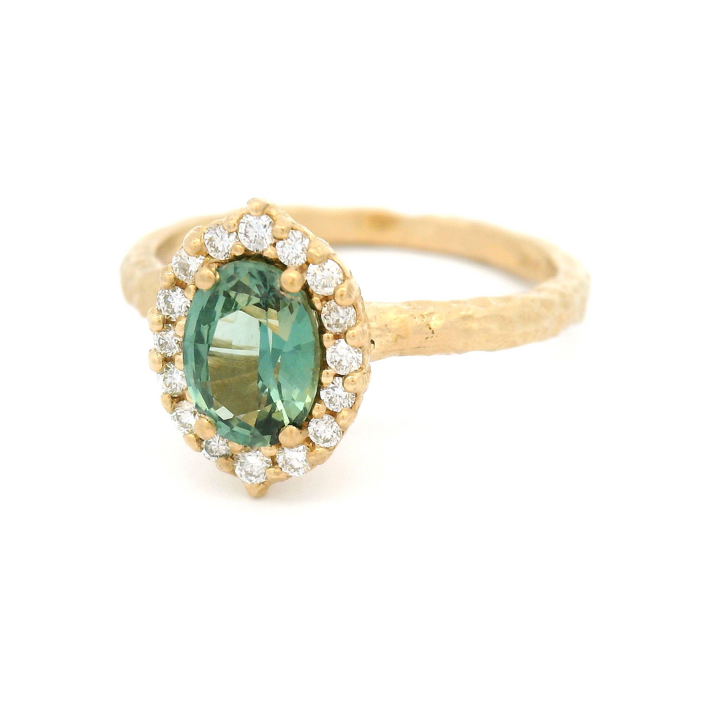14k Yellow Engagement Ring with 0.94ct Teal Sapphire and Accent Diamond Halo