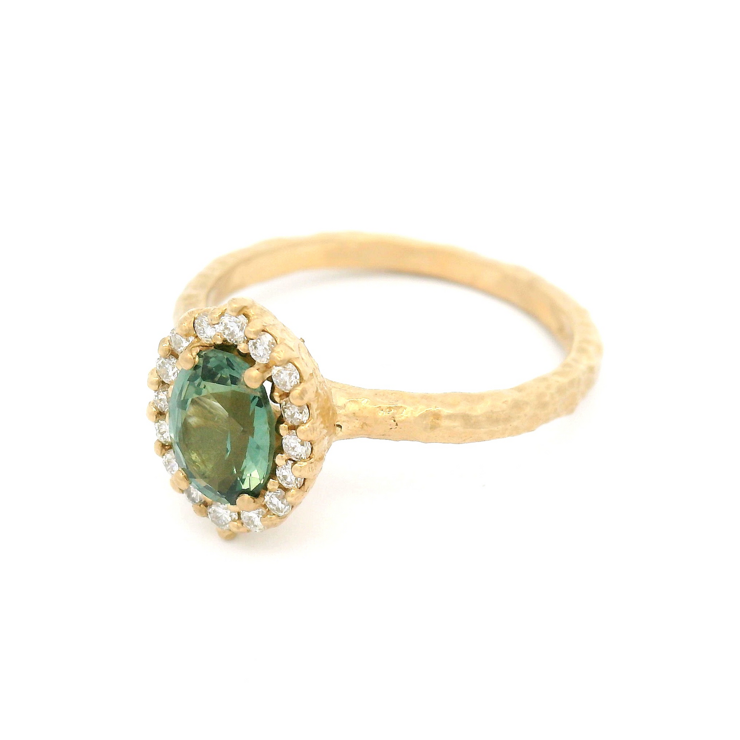 14k Yellow Engagement Ring with 0.94ct Teal Sapphire and Accent Diamond Halo