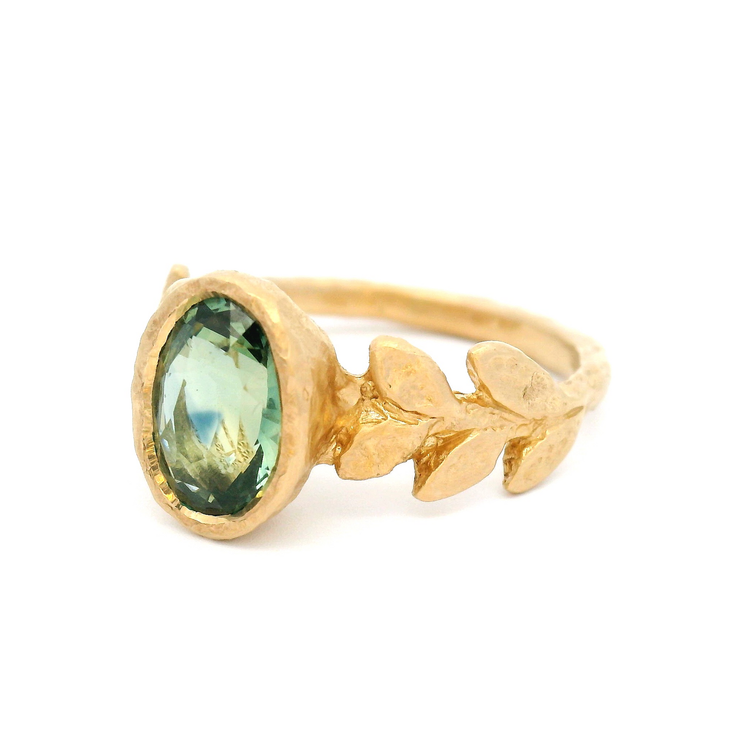 14k Yellow Organic Leaf Carved Bezel-Set Solitaire with 2.01ct Green-Blue Sapphire