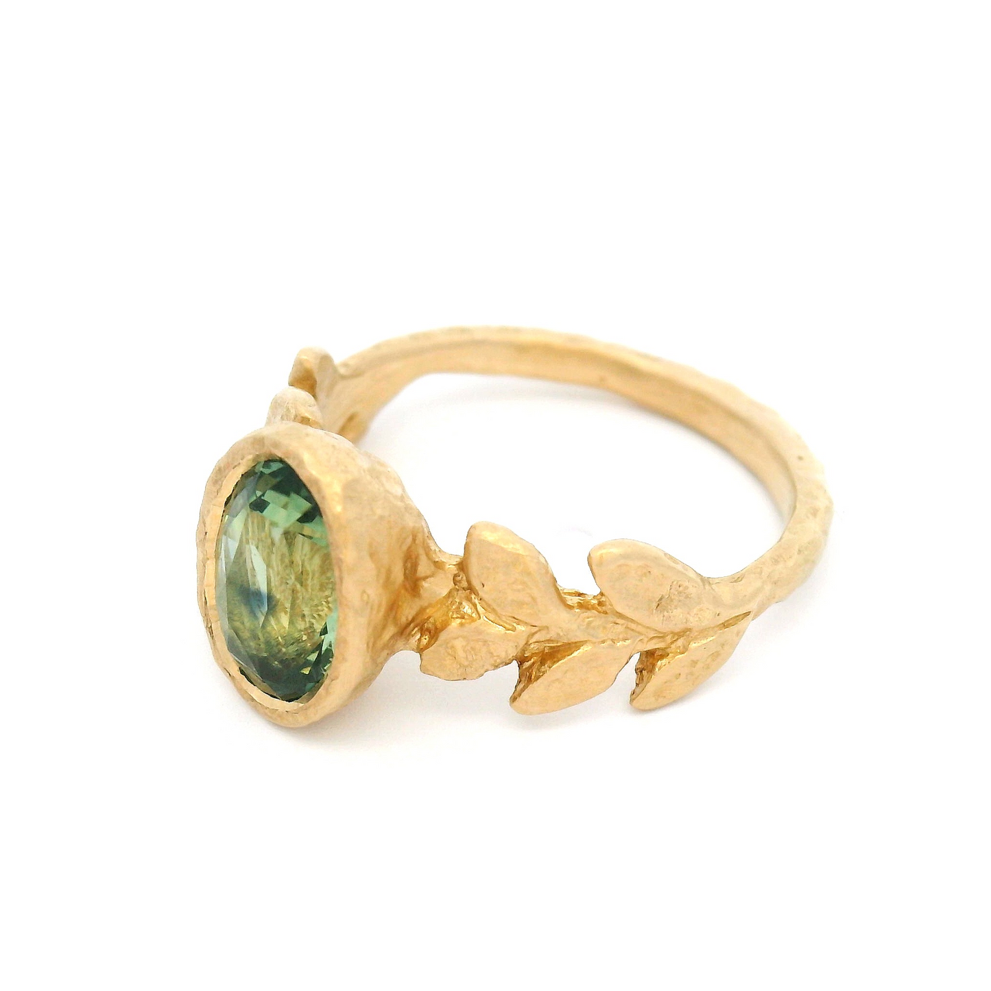 14k Yellow Organic Leaf Carved Bezel-Set Solitaire with 2.01ct Green-Blue Sapphire