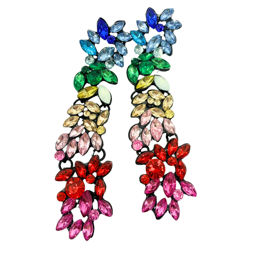 Long Rhinestone Flower Earrings