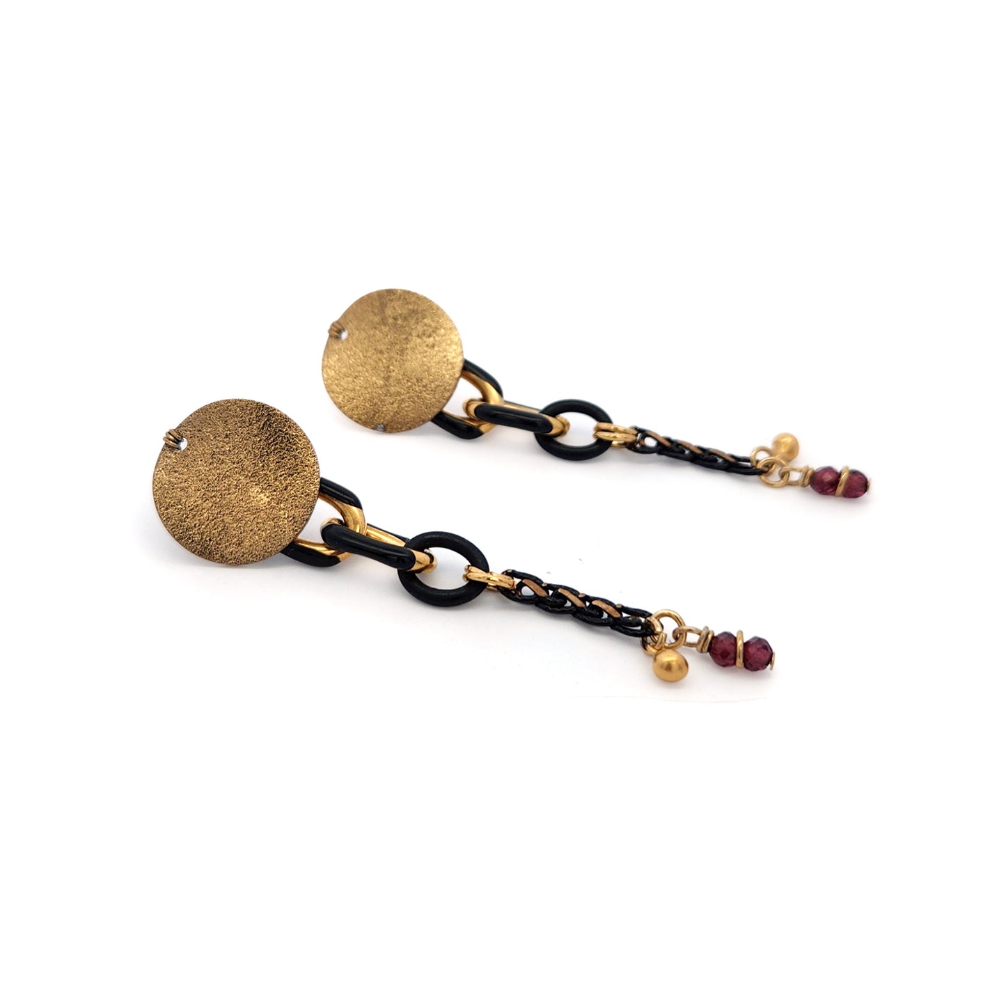Textured Brass Chain Link & Garnet Earrings