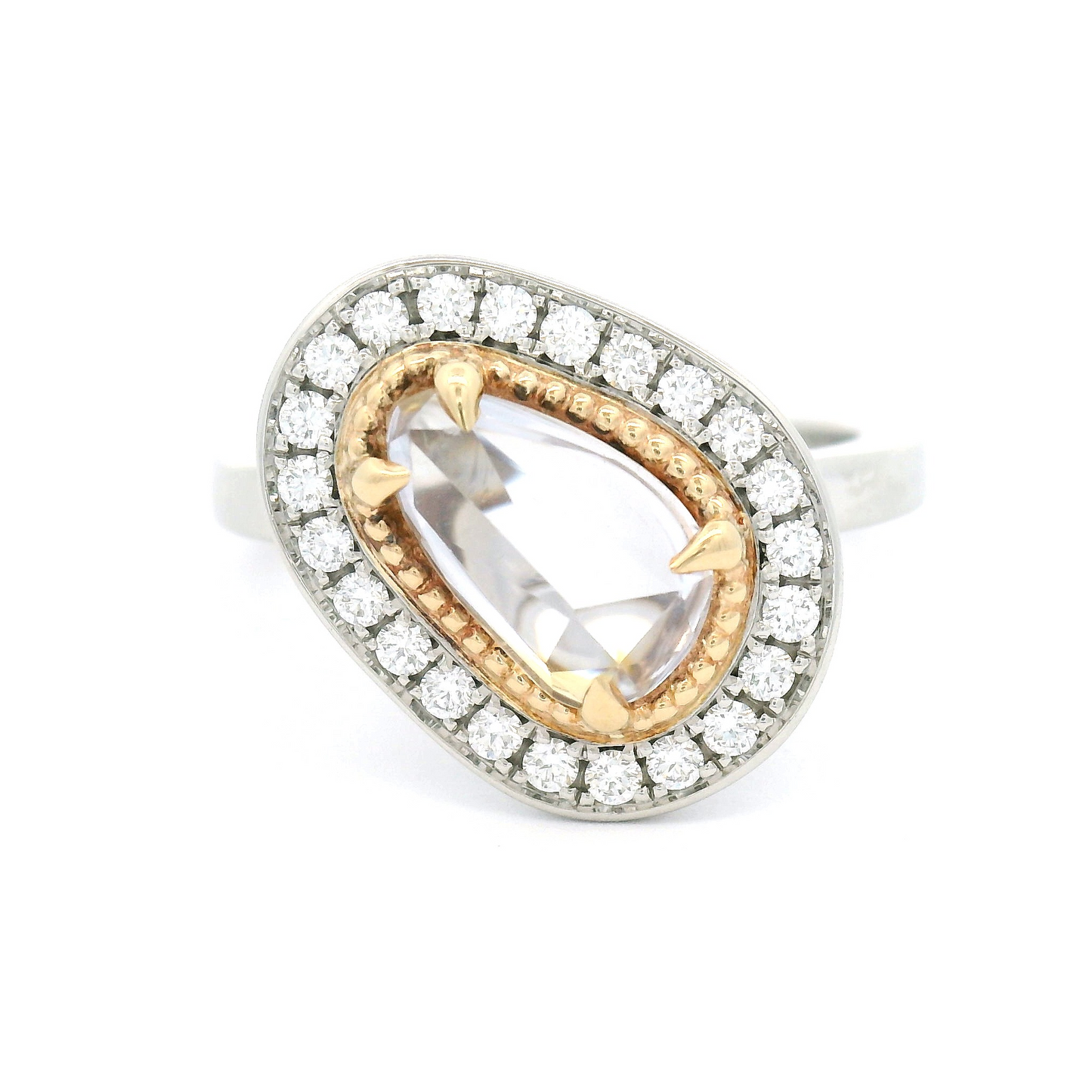 Platinum and 14k Yellow Ring with 1.25ct Free-Form Rose-Cut Sapphire and Accent Diamond Halo