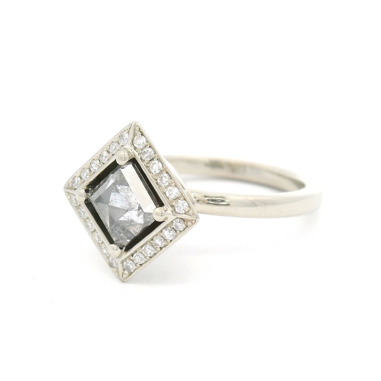 14k White Engagement Ring with 0.63ct Salt & Pepper Rose-Cut Diamond and Accent Diamonds