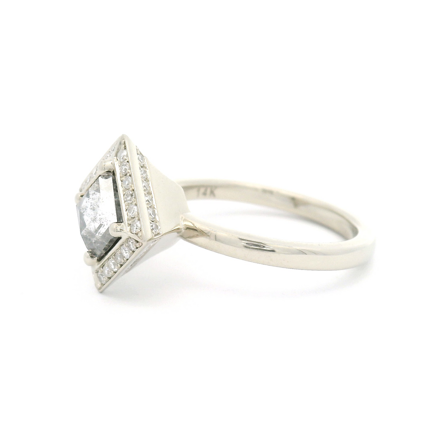 14k White Engagement Ring with 0.63ct Salt & Pepper Rose-Cut Diamond and Accent Diamonds