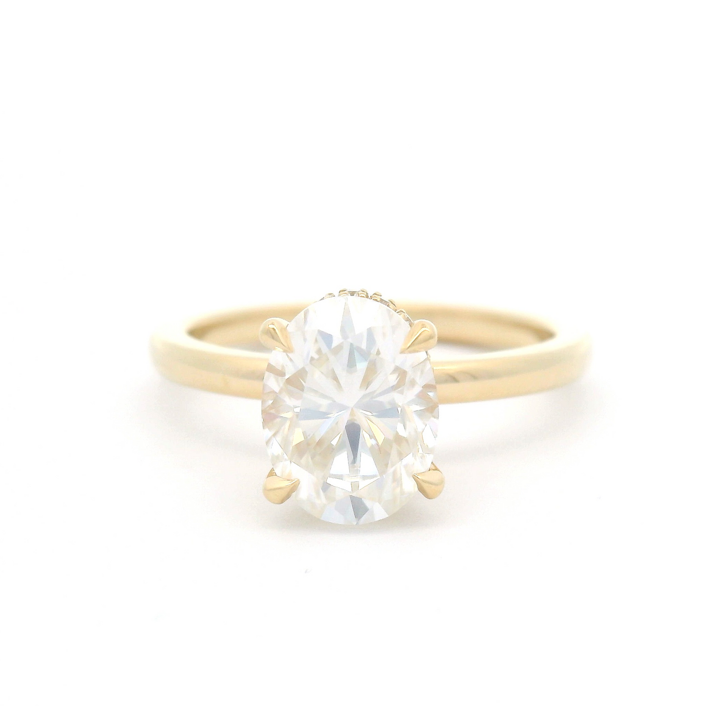 14k Yellow Solitaire with 1.77ct Oval Moissanite and Hidden Accent Lab Diamond Halo