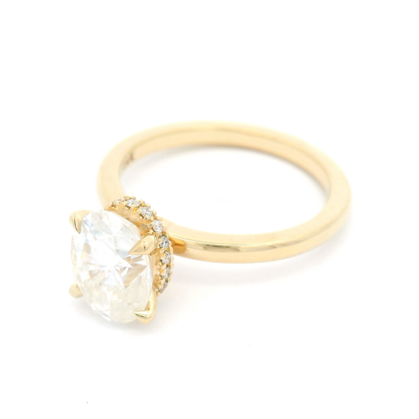 14k Yellow Solitaire with 1.77ct Oval Moissanite and Hidden Accent Lab Diamond Halo