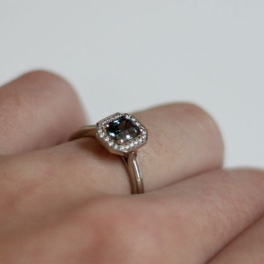 14k White Engagement Ring with 0.87ct Teal Sapphire and Accent Diamond Halo