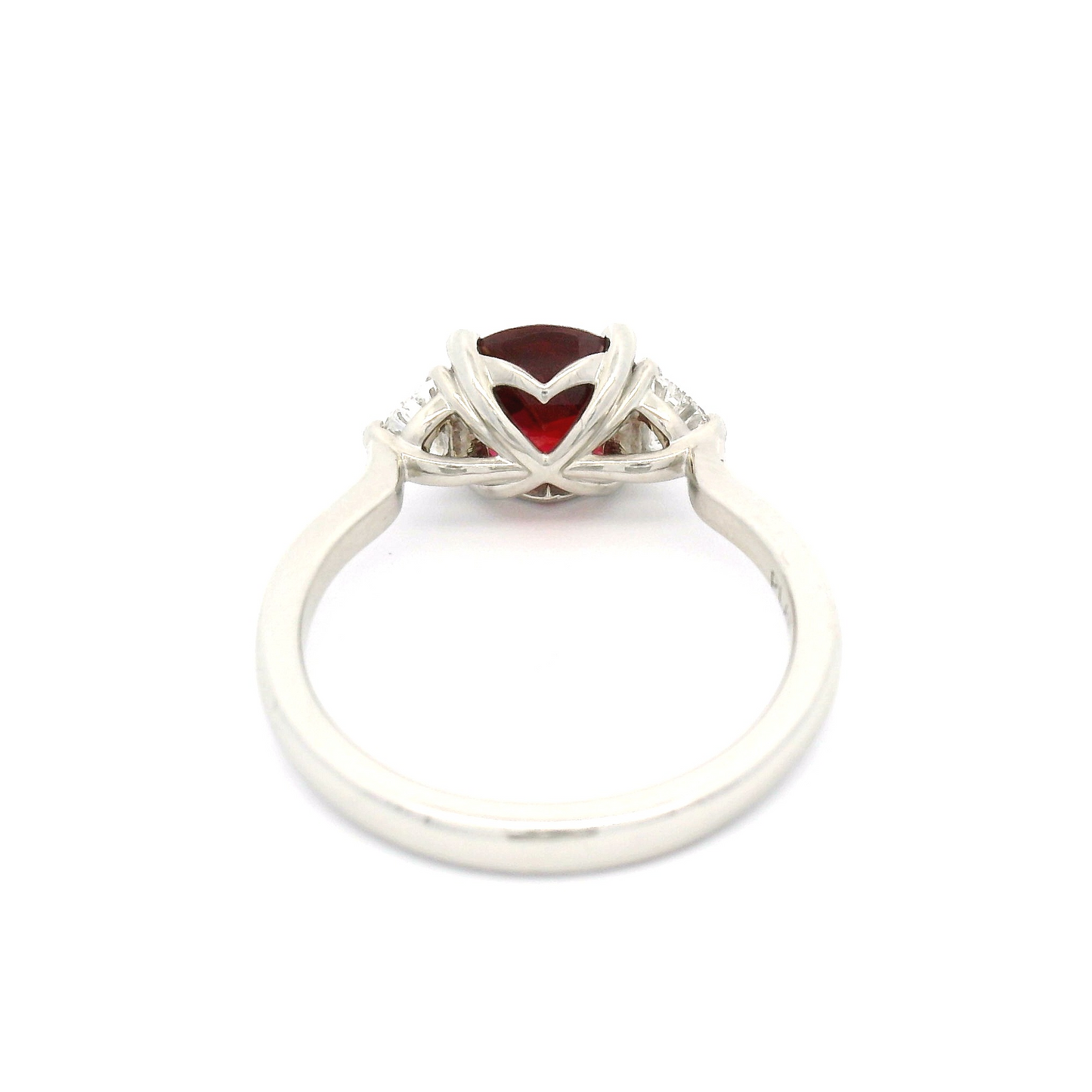 Platinum Three-Stone Ring with Natural 1.6ct Cushion-Cut Ruby & 1/2 Moon Diamonds