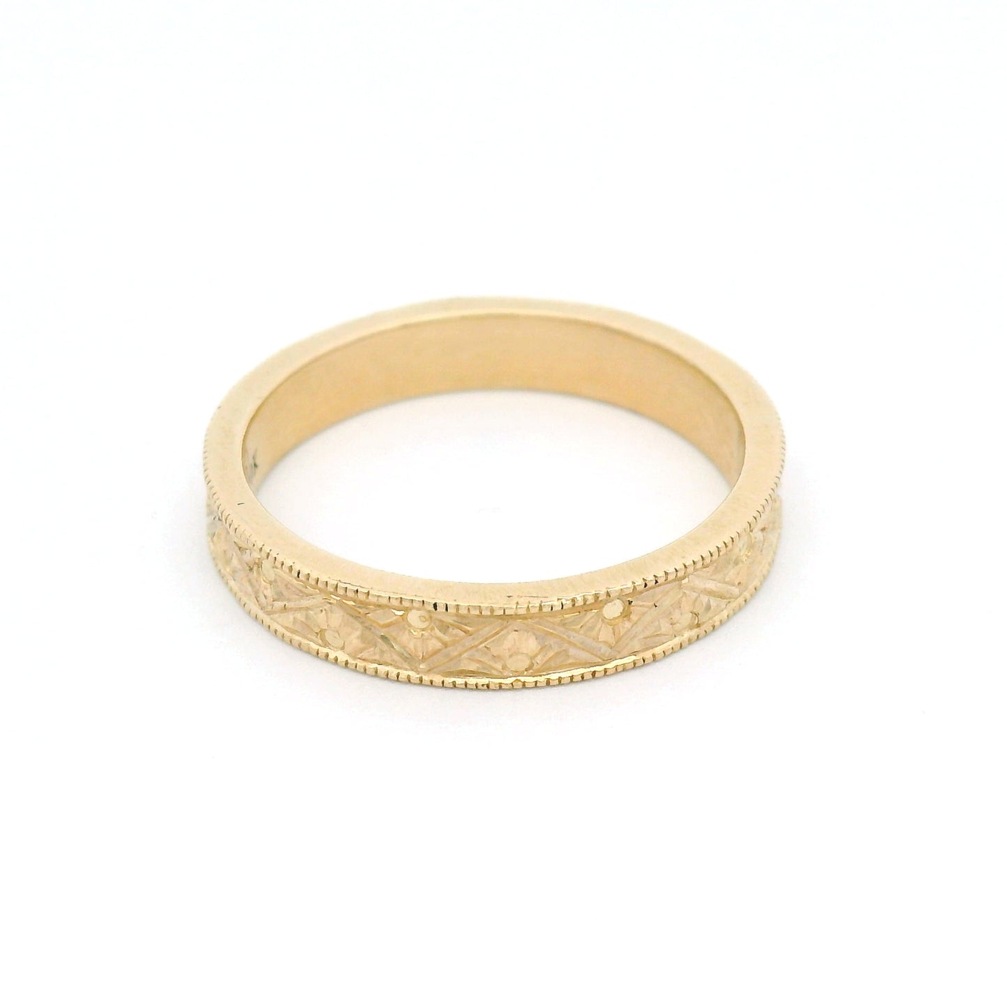 10K yellow gold 3mm flat profile band with engraved Art Deco triangle pattern and detailed sunburst motif