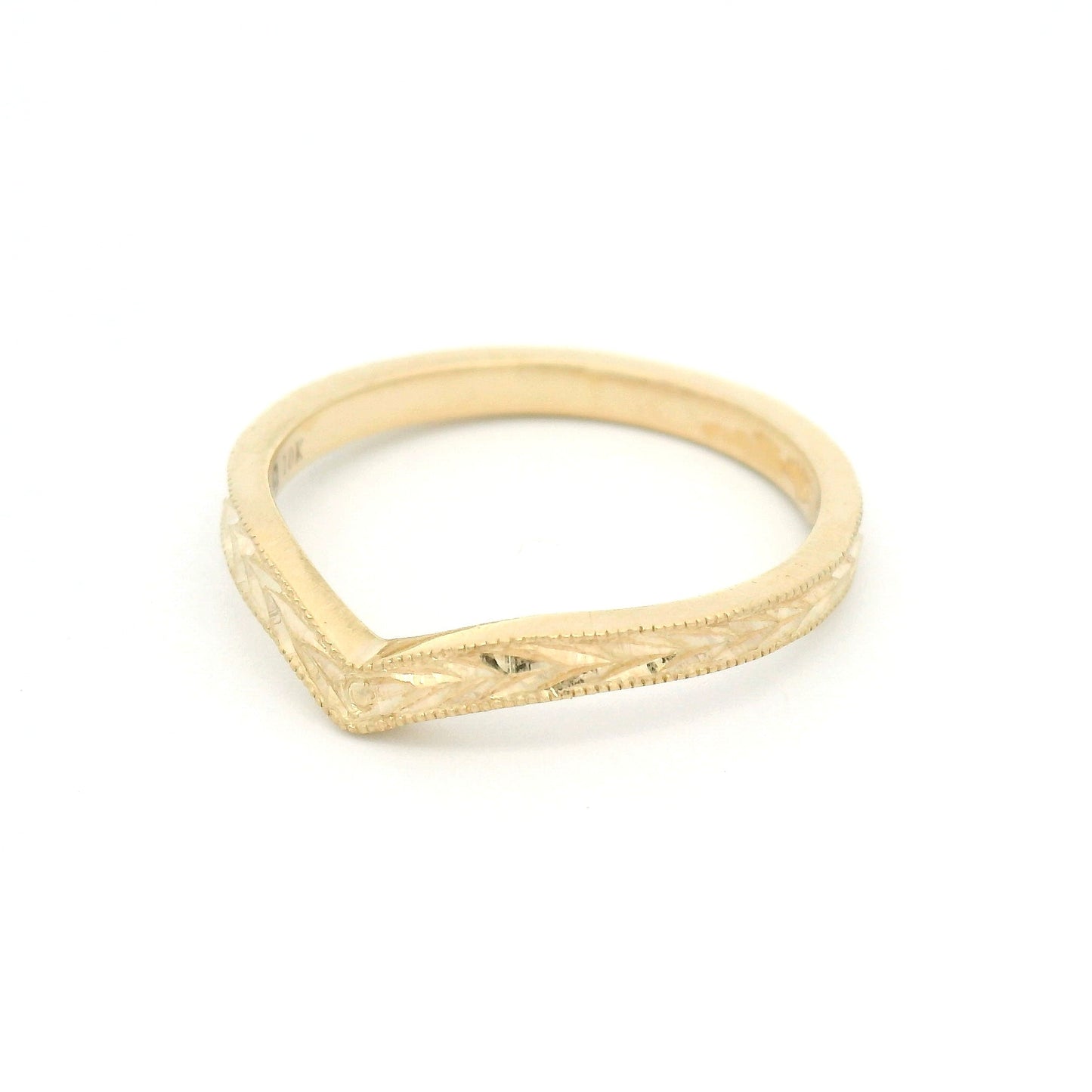 10K yellow gold 2mm contoured diadem band with hand-engraved wheat pattern and curved silhouette.