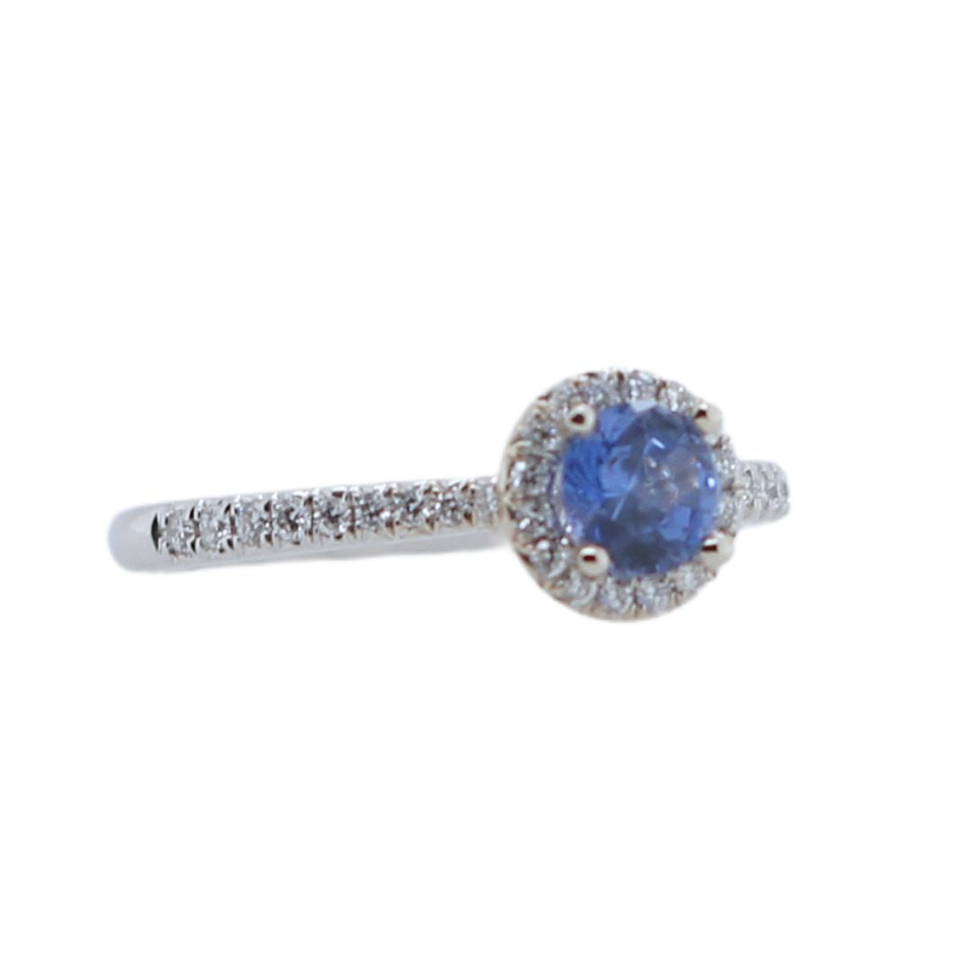14k White Blue Sapphire & Diamond Halo Engagement Ring