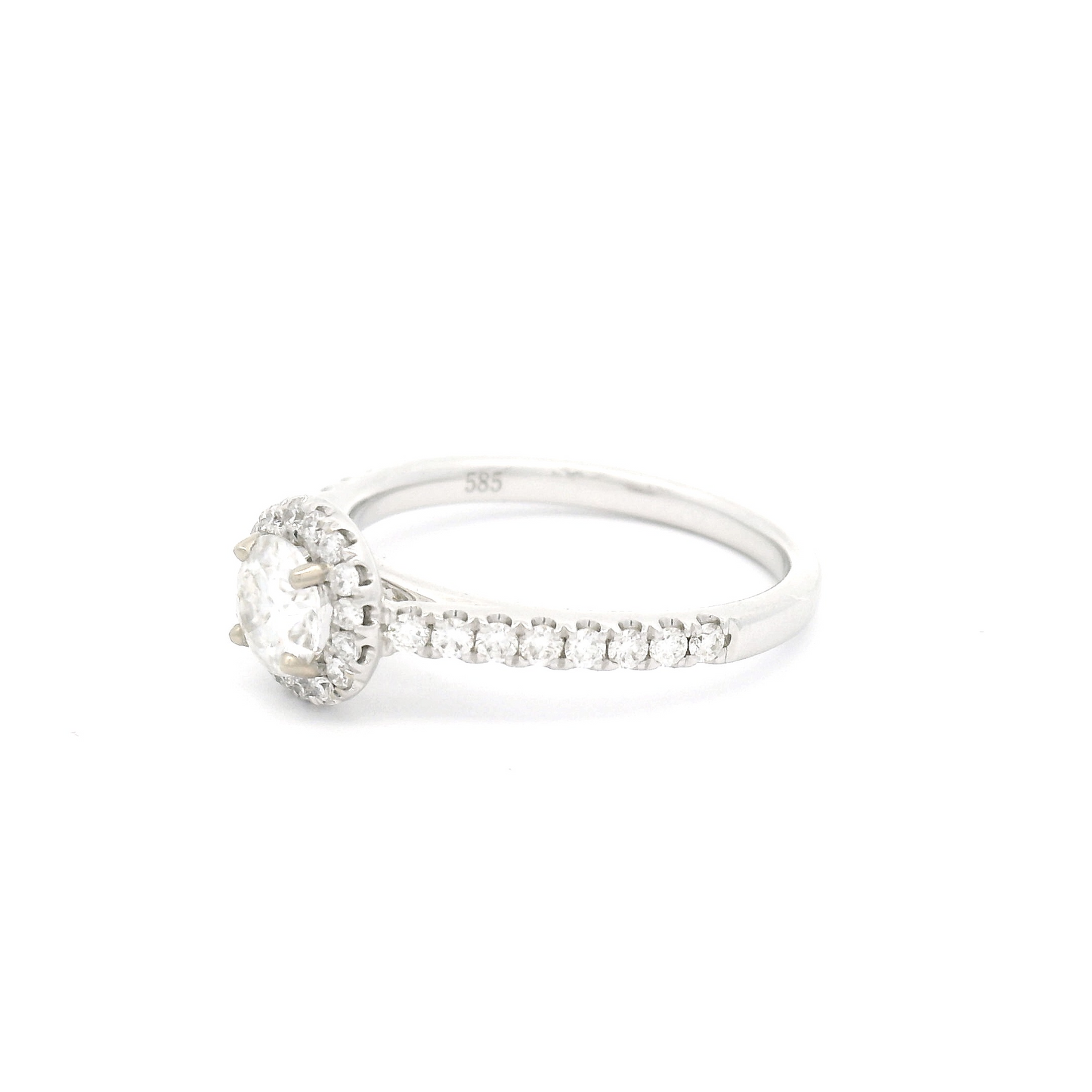 14k White 5mm Round Moissanite Ring with Diamond Set Halo and Shank