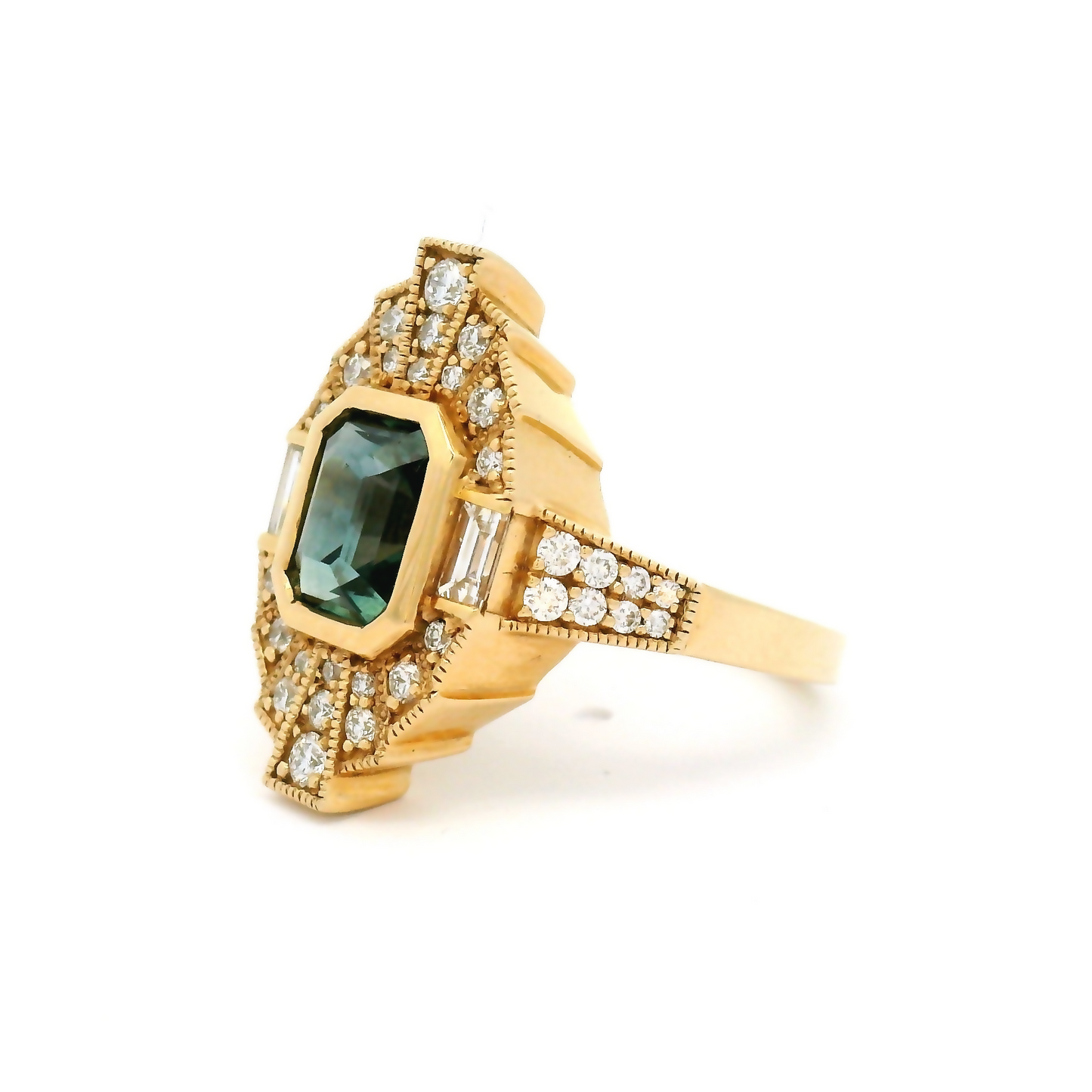 14k Yellow 1.60ct Green Sapphire Shield Ring with Accent Diamonds