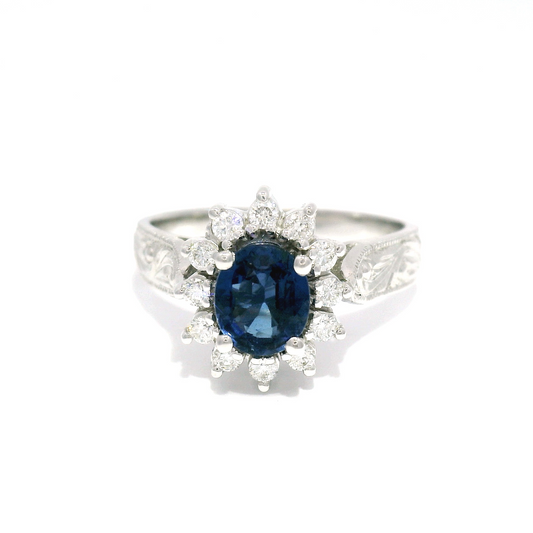14k White Hand Engraved Ring with 0.94ct Blue Sapphire and Diamond Accent Halo
