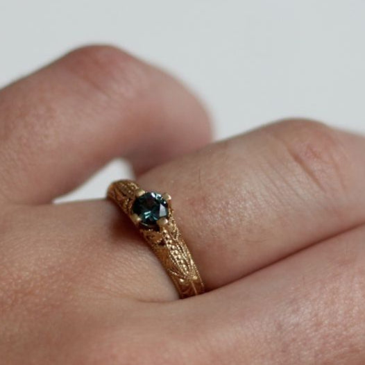 14k Yellow Hand-Engraved Engagement Ring with 0.30ct Teal Sapphire